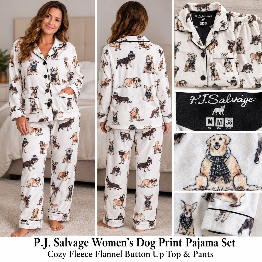 PJ Salvage White Dog Pajama Set Button Front Shirt & Pants Medium M 100% Cotton